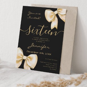 Coquette Gold Bow Sweet 16 Birthday Black Invitation