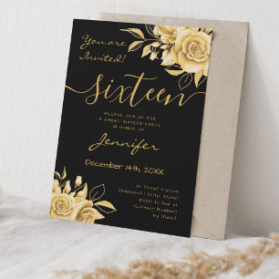 Coquette Gold Sweet 16 Floral Glam Black Invitation