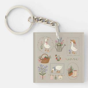Coquette Goose Cottagecore Floral Gardening Strawb Key Ring