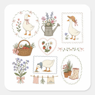Coquette Goose Cottagecore Floral Gardening Strawb Square Sticker
