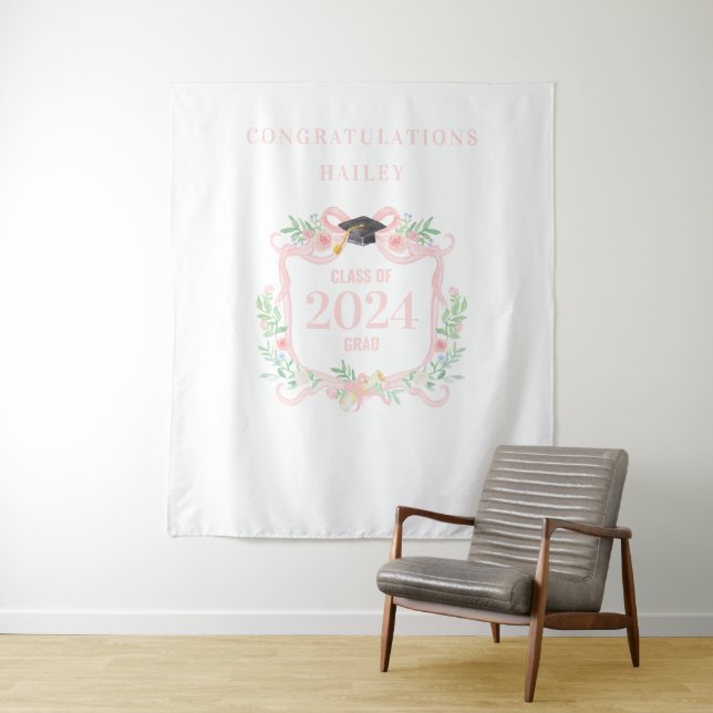 Coquette Graduation Crest w/ Bow Photo Backdrop Tapestry (In Situ)