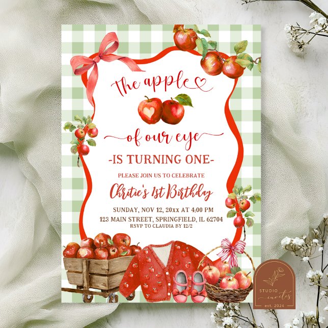 Coquette Green Plaid Bow Apple 1st Birthday Invitation (Creator Uploaded)