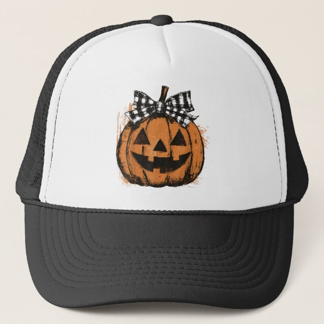 Coquette Halloween Sweater, Retro Pumpkin Patch Trucker Hat (Front)