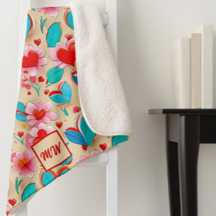Coquette hearts, and flower cream monogram Sherpa Blanket