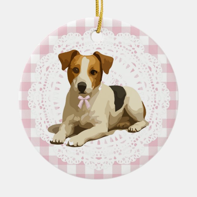 Coquette Jack Russel Terrier Dog Pink Gingham Bows Ceramic Ornament (Front)