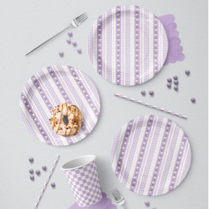 Coquette Lavender Scallop Floral Stripe Paper Plate