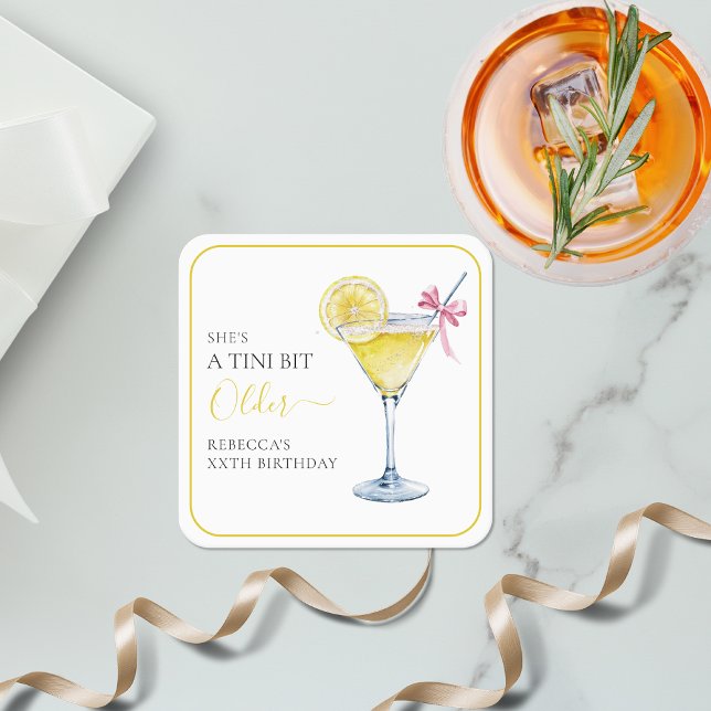 Coquette Lemon Cocktail A Tini Bit Older Birthday Square Paper Coaster (Creator Uploaded)