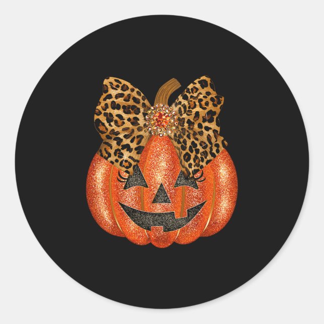 Coquette Leopard Bow Pumpkin Thanksgiving Fall Wom Classic Round Sticker (Front)