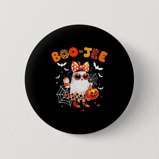 Coquette Leopard Ghost Coffee Boo-jee Halloween Bo 6 Cm Round Badge (Front)