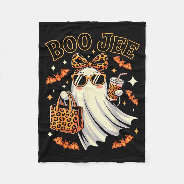 Coquette Leopard Ghost Coffee Boo Jee Halloween Bo Fleece Blanket (Front)