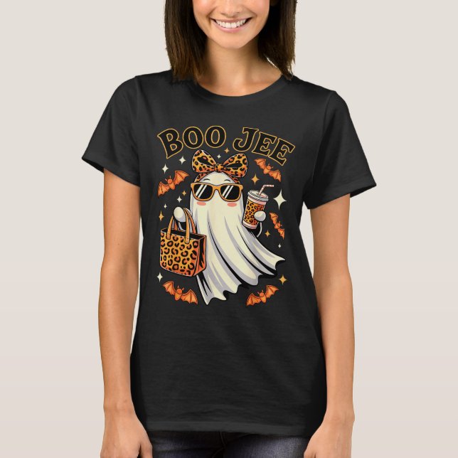 Coquette Leopard Ghost Coffee Boo Jee Halloween Bo T-Shirt (Front)