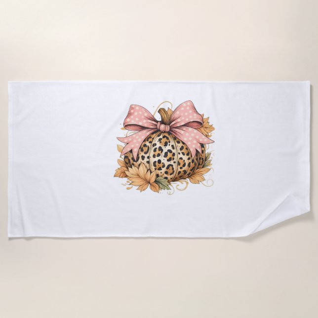 Coquette Leopard Pumpkin with Pink Bow – Glam Fall Beach Towel (Front)
