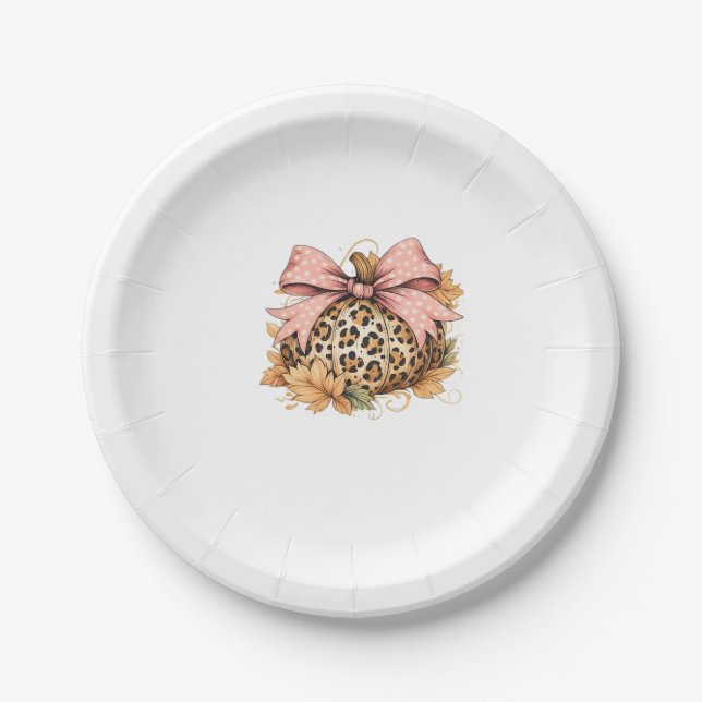 Coquette Leopard Pumpkin with Pink Bow – Glam Fall Paper Plate (Front)