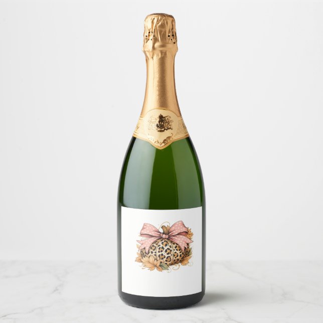 Coquette Leopard Pumpkin with Pink Bow – Glam Fall Sparkling Wine Label (Front)