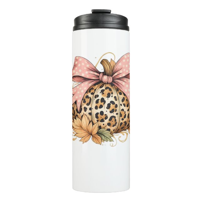 Coquette Leopard Pumpkin with Pink Bow – Glam Fall Thermal Tumbler (Front)