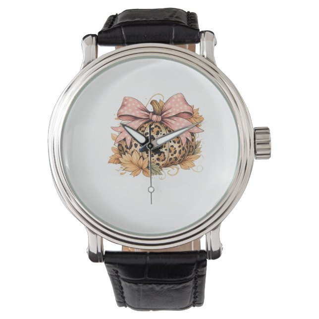 Coquette Leopard Pumpkin with Pink Bow – Glam Fall Watch (Front)