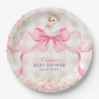 Coquette Little Goose Pink Bow Girl Baby Shower Paper Plate
