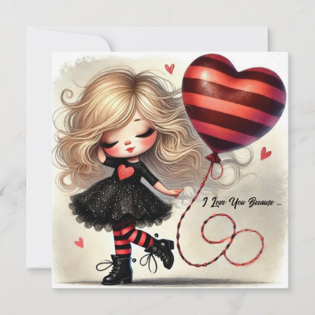 Coquette Little Valentine cartoon girl red balloon Holiday Card (Front)