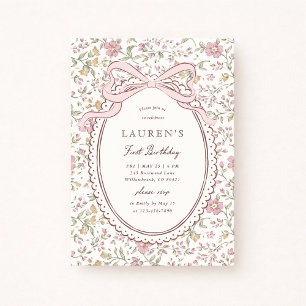 Coquette Meadow Floral Bow First Birthday  Invitation