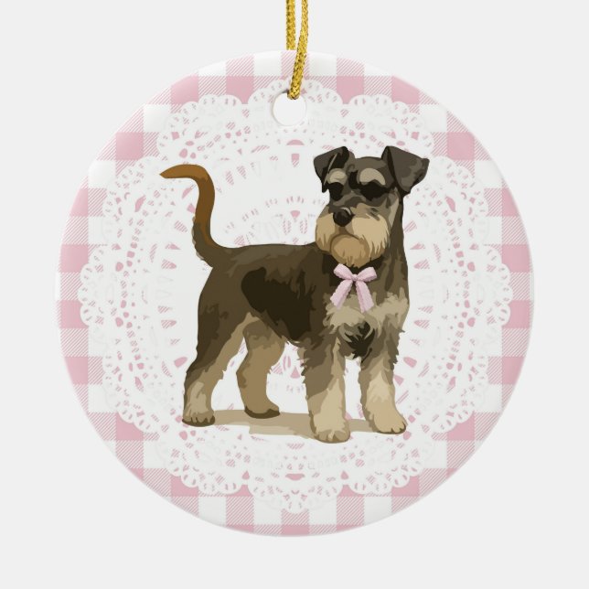 Coquette Miniature Schnauzer Dog Pink Gingham Bows Ceramic Ornament (Front)