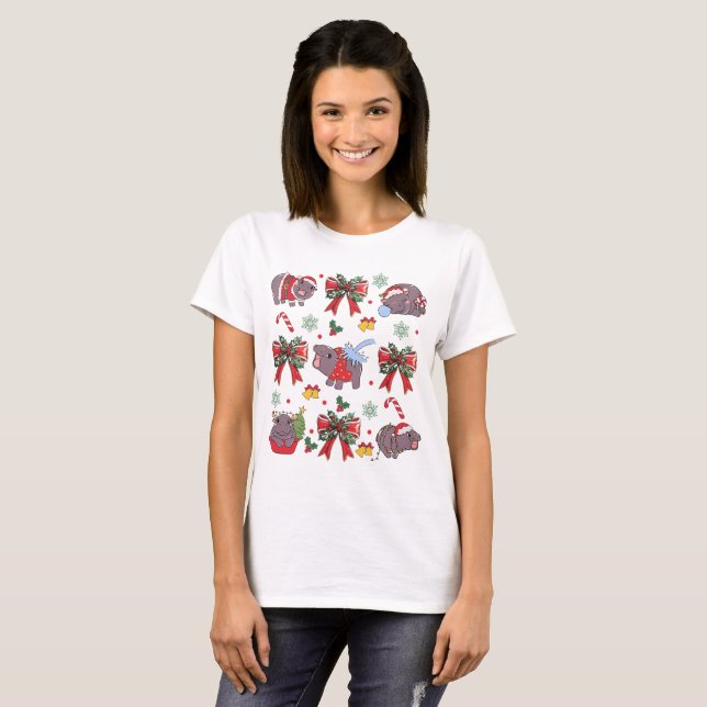 Coquette Moo Deng And Christmas Tree T-Shirt (Front Full)