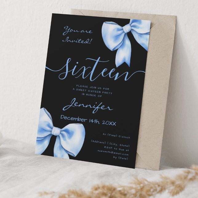 Coquette Navy Blue Bow Sweet 16 Birthday Black Invitation (Coquette Navy Blue Bow Sweet 16 Birthday Black Invitation)