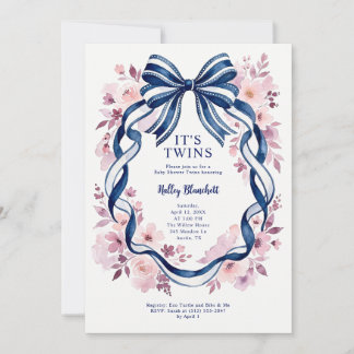 Coquette Navy Blue Bow Twins Baby Shower Invitation