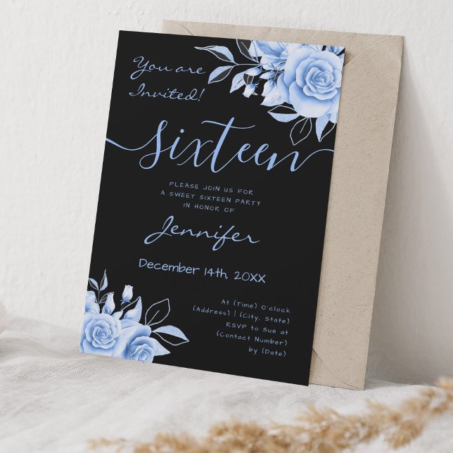 Coquette Navy Blue Sweet 16 Floral Glam Black Invitation (Coquette Navy Blue Sweet 16 Floral Glam Black Invitation)