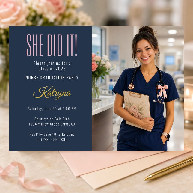 Coquette Nurse Graduation Invite (Elegant coquette nurse graduation invitation with modern feminine navy blush aesthetic)