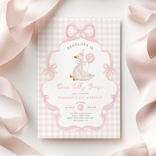 Coquette One Silly Goose Pink Bow 1st Birthday Invitation