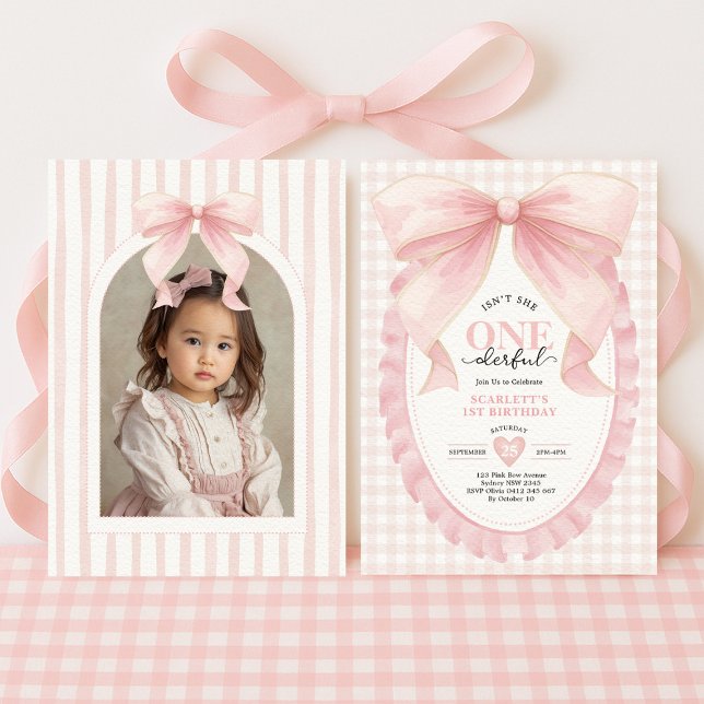 Coquette ONEderful Pink Bow Girl 1st Birthday Invitation (Creator Uploaded)