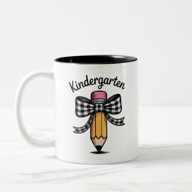 Coquette Pencil Bow Kindergarten Teacher School Two-Tone Coffee Mug (Left)