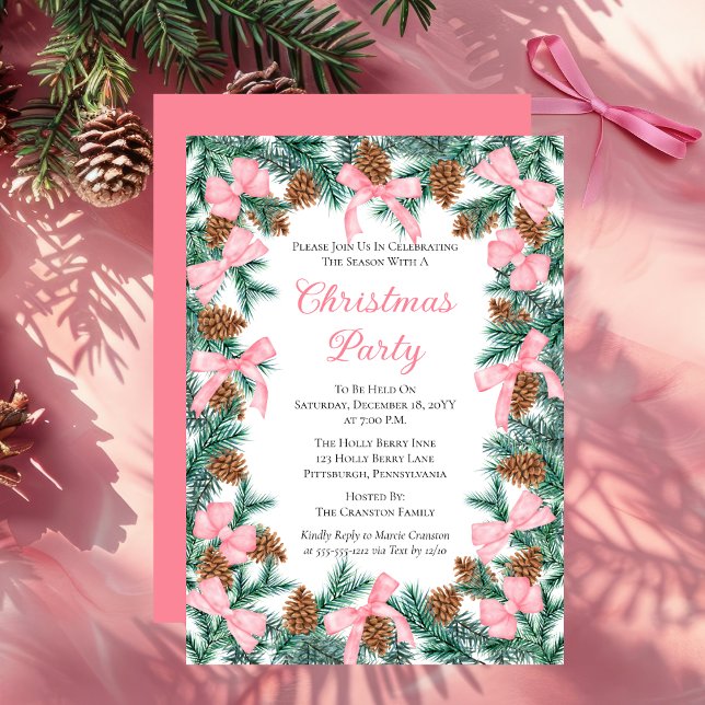 Coquette Pine Boughs and Bows Christmas Party Invitation (Elegant Coquette Style Pink Bows and Evergreen Pine Greenery Christmas Party Invitation)