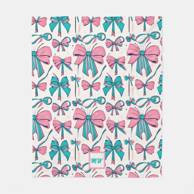  Coquette pink and teal bows monogram Fleece Blanket (Front)