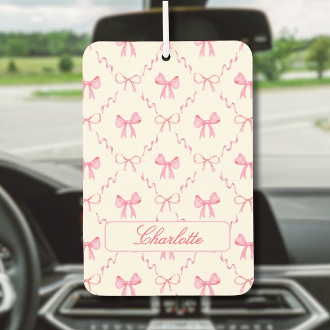 Coquette Pink Bow Air Freshener (sweet cute girly coquette pink bow car air freshener with custom name in script calligraphy)