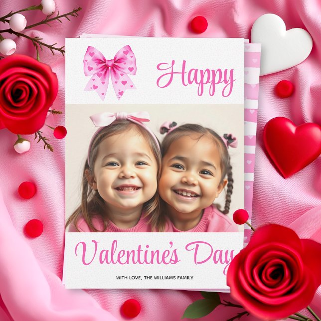 Coquette pink bow and hearts Valentine's Day photo Holiday Card (Creator Uploaded)