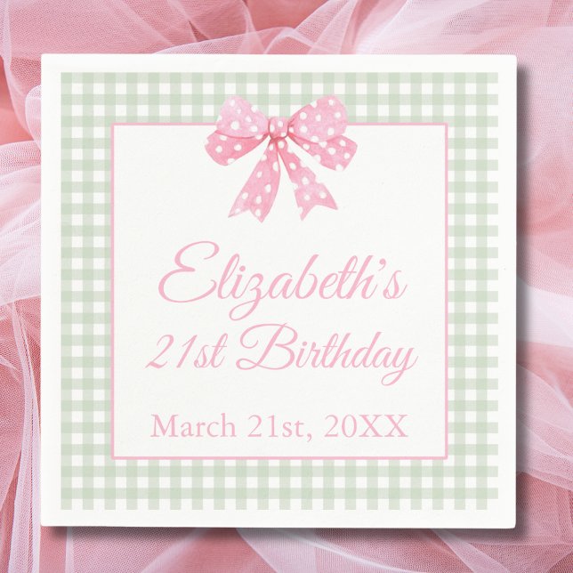 Coquette Pink Bow And Sage Gingham 21st Birthday Napkin (Creator Uploaded)