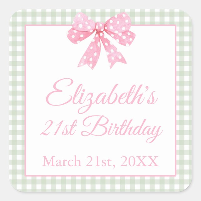 Coquette Pink Bow And Sage Gingham 21st Birthday Square Sticker (Front)