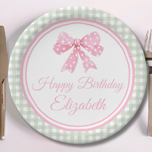 Coquette Pink Bow And Sage Gingham Birthday Paper Plate