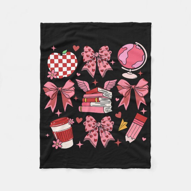 Coquette Pink Bow Apple Teacher Appreciation Valen Fleece Blanket (Front)