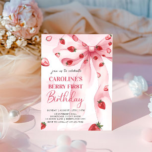 Coquette Pink Bow Berry First Birthday Invitation