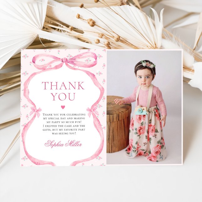 Coquette Pink Bow Birthday Photo Thank You Card (Creator Uploaded)