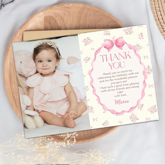 Coquette Pink Bow Birthday Photo Thank You Card (Creator Uploaded)