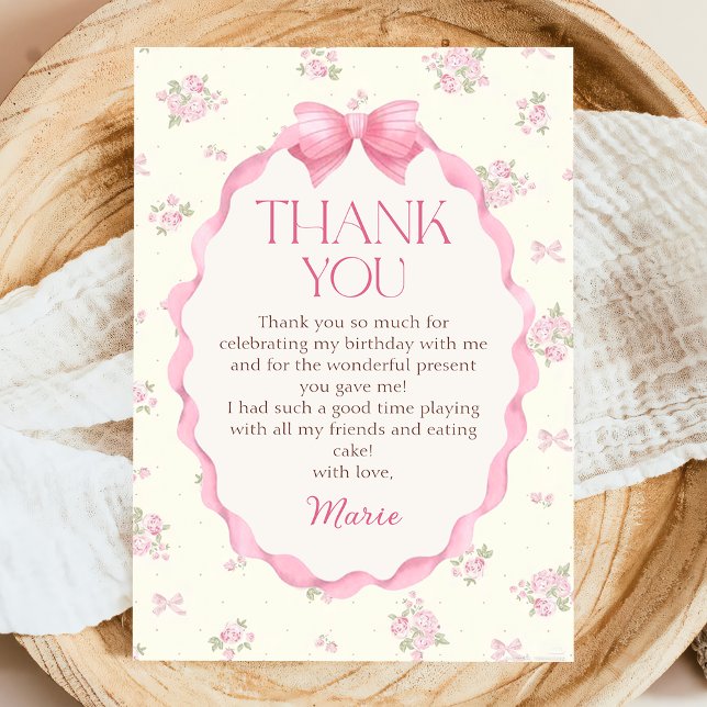 Coquette Pink Bow Birthday Thank You Card (Creator Uploaded)