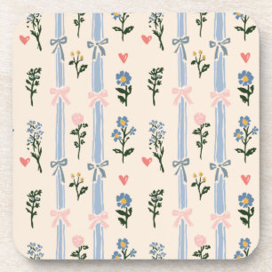 Coquette Pink Bow Blue Stripe Botanical Floral Coaster