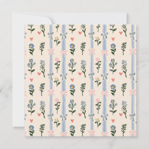 Coquette Pink Bow Blue Stripe Botanical Floral Invitation