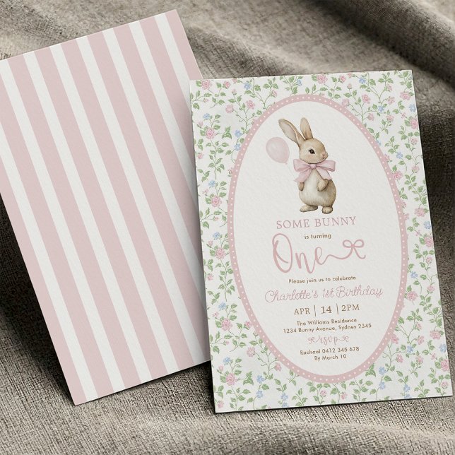 Coquette Pink Bow Bunny Rabbit Girl 1st Birthday Invitation (Creator Uploaded)