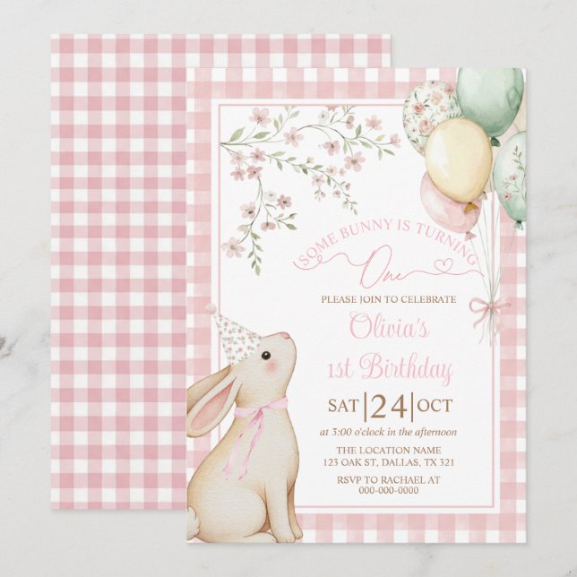 Coquette Pink Bow Bunny Rabbit Girl 1st Birthday Invitation (Front/Back)