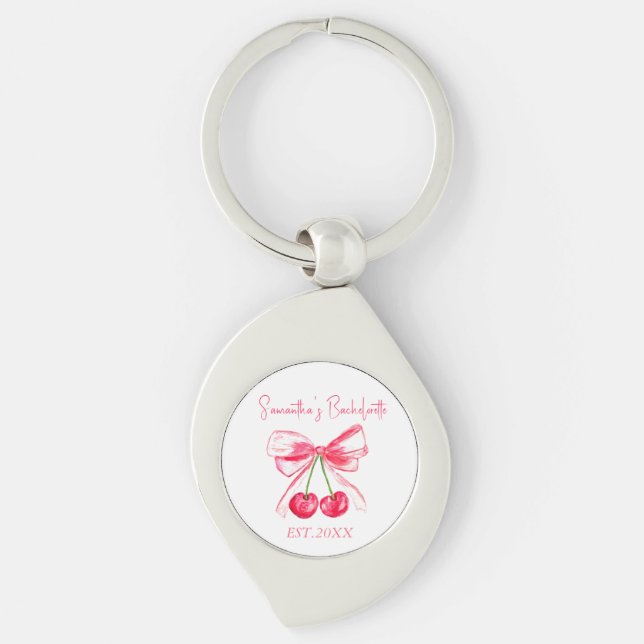Coquette Pink Bow Cherry Bachelorette Party  Key Ring (Front)