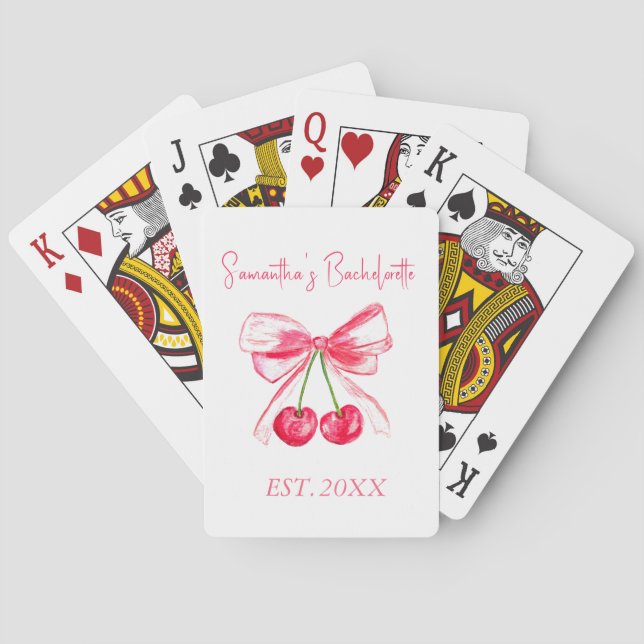 Coquette Pink Bow Cherry Bachelorette Party  Playing Cards (Back)